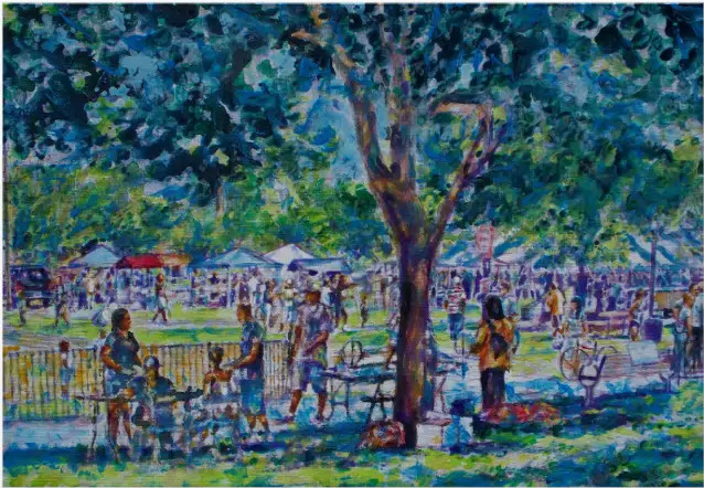 Painting of large Juneteenth gathering in Wheeler Park