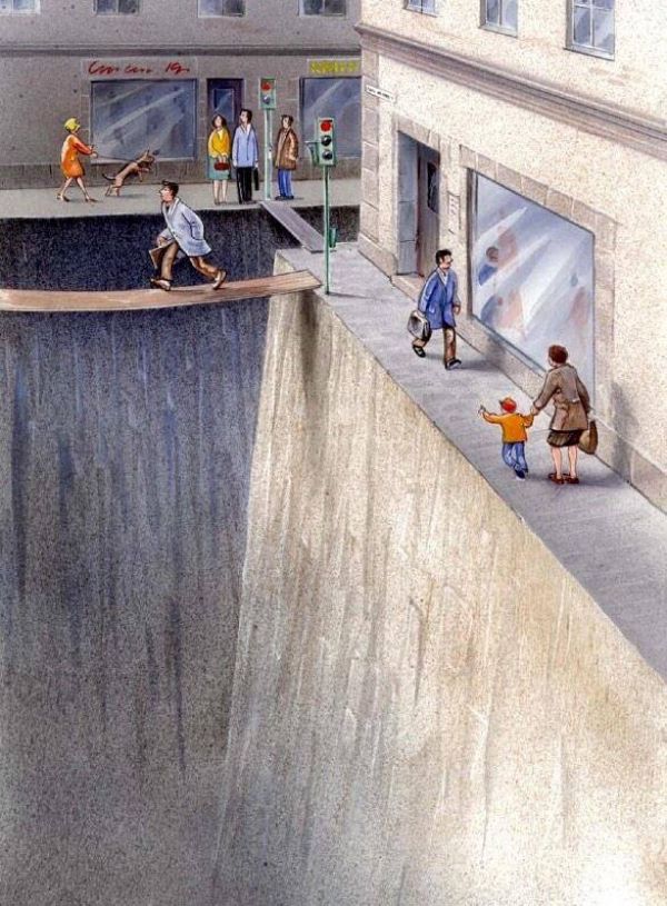 Illustration depicting streets as canyons and crosswalks as narrow planks at intersections with pedestrians on narrow sidewalks in a city